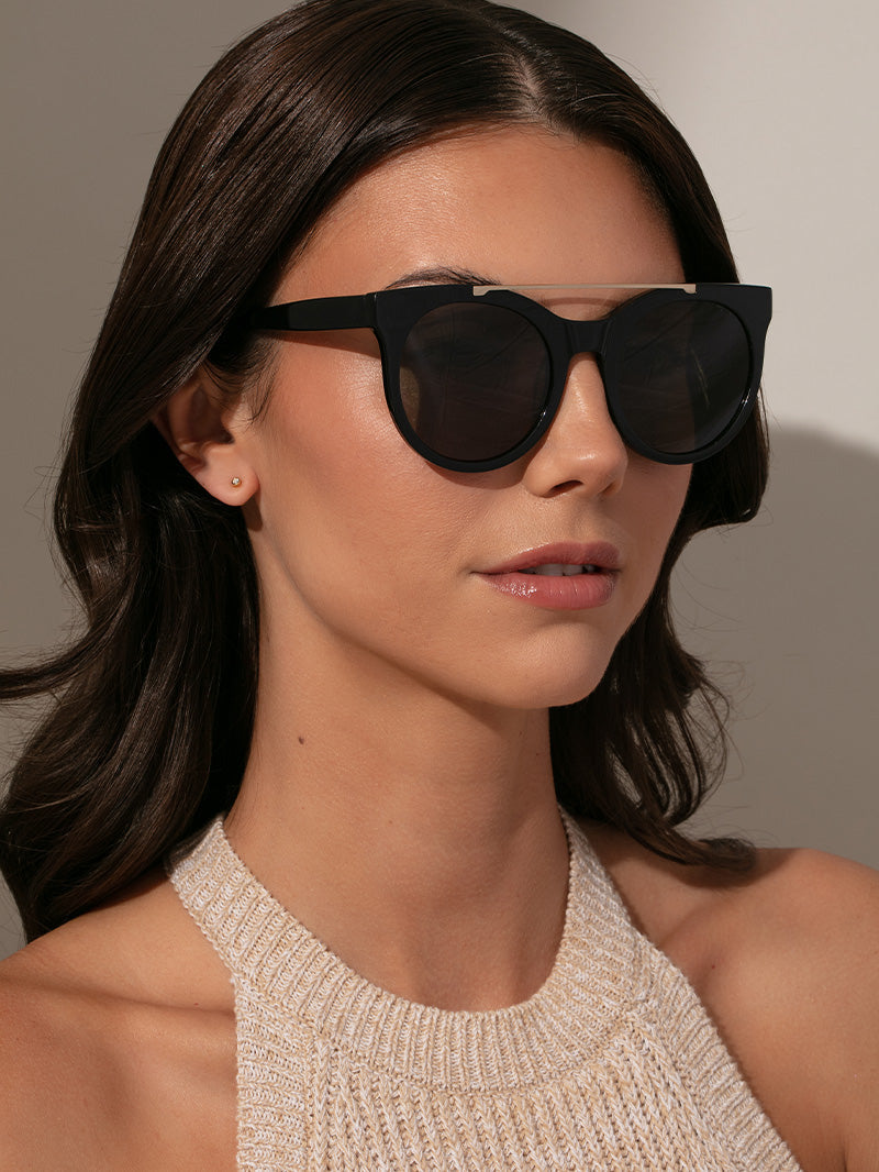 Brow Bar Round Sunglasses | Black | Model Image | Uncommon Lifestyle
