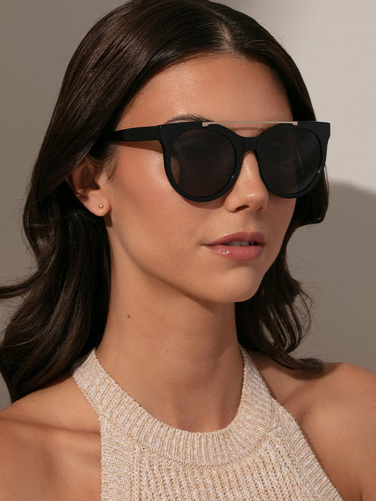 Brow Bar Round Sunglasses | Black | Model Image | Uncommon Lifestyle