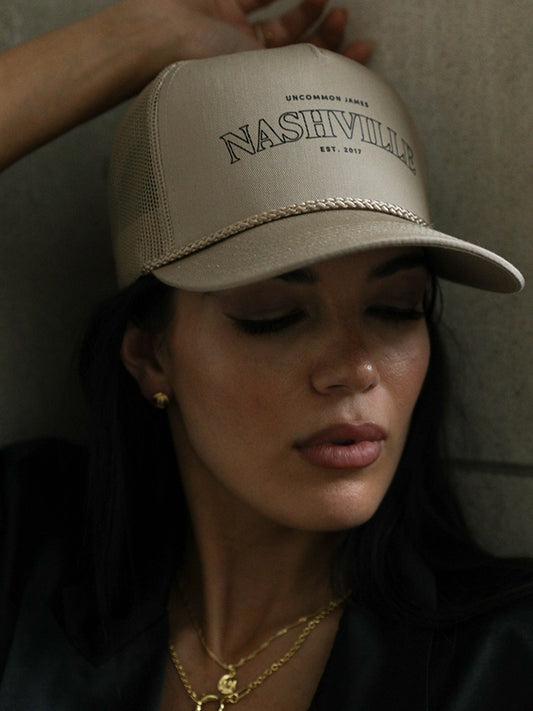 Nashville Trucker Hat | Beige | Model Image | Uncommon Lifestyle