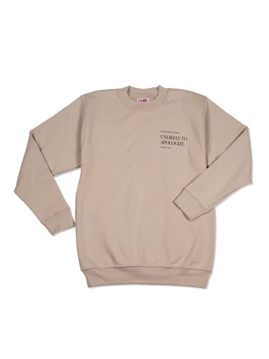 Unlikely to Apologize Sweatshirt | Beige | Model Image | Uncommon James