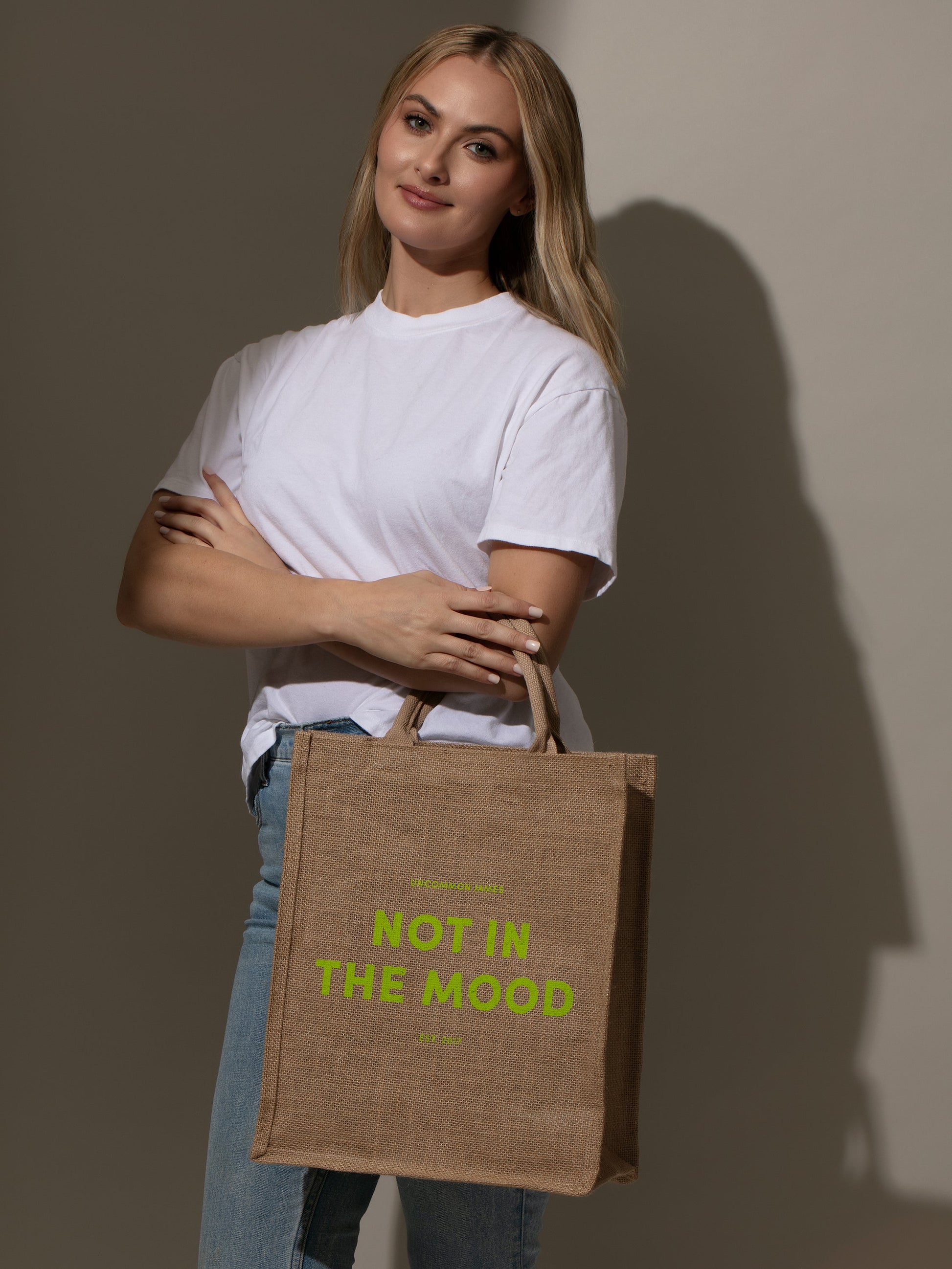 Not In The Mood Jute Tote Bag | Model Image | Uncommon Lifestyle