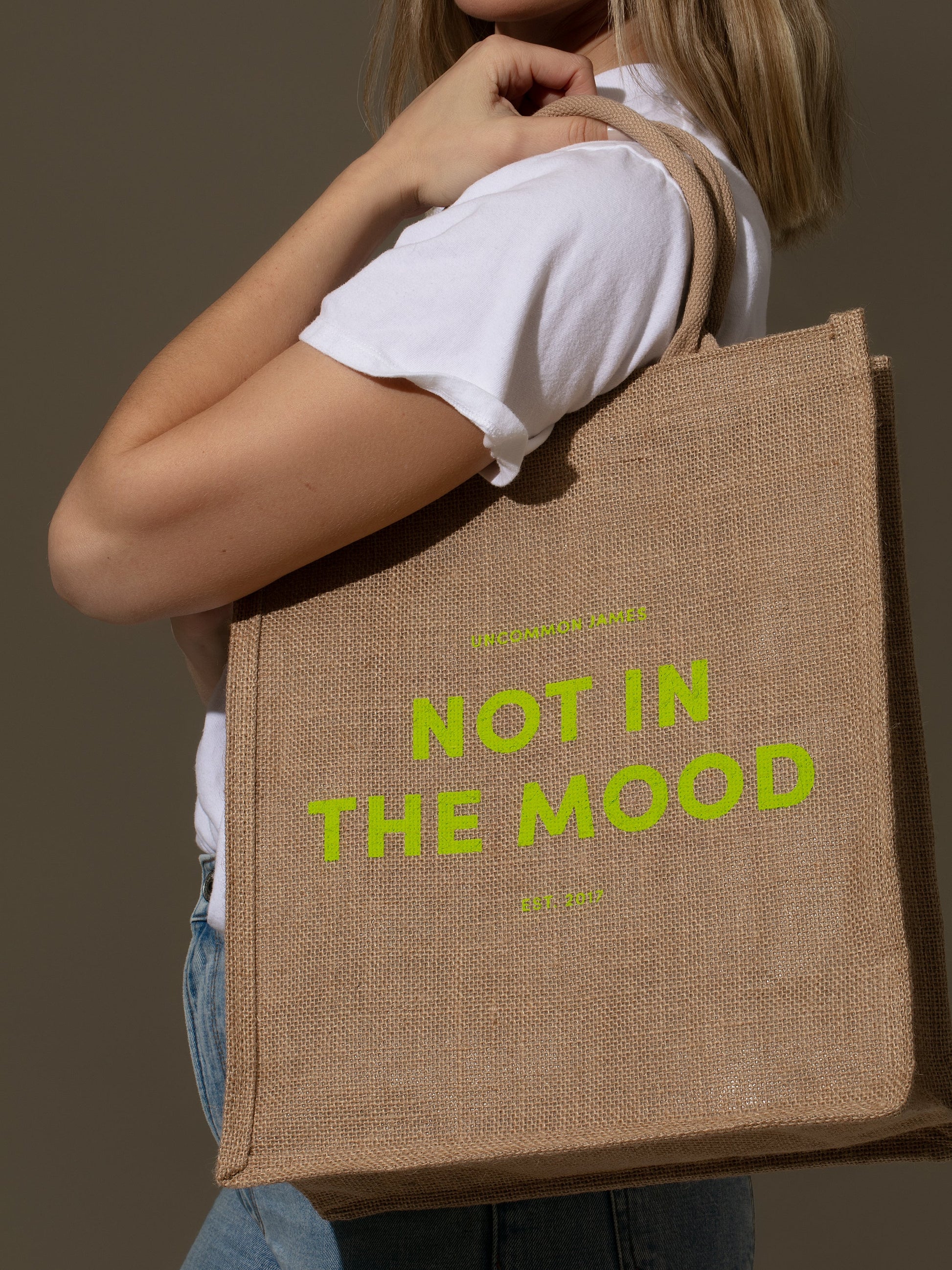 Not In The Mood Jute Tote Bag | Model Image 2 | Uncommon Lifestyle