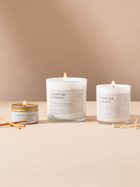 Campfire Cowboy Candle | 4 OZ 10 OZ 16 OZ | Group Image | Uncommon Lifestyle