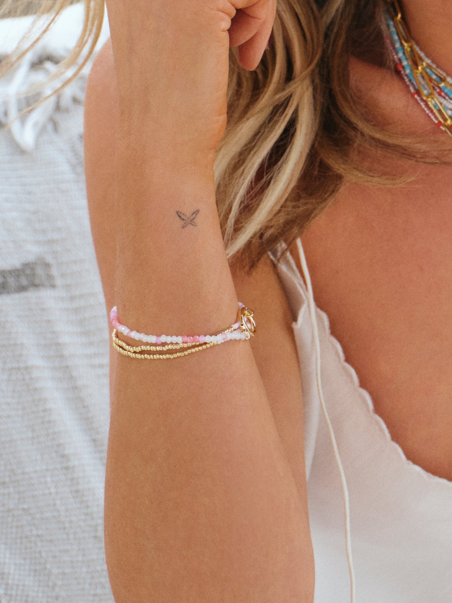 Coastal Beaded Bracelet | Pink/White | KC Image | Uncommon James