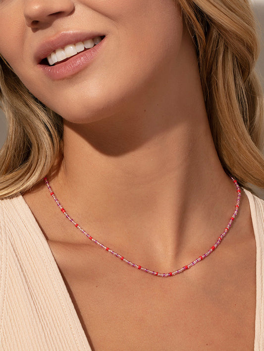 Beaded Necklace | Pink Red Long | Model Image | Uncommon James