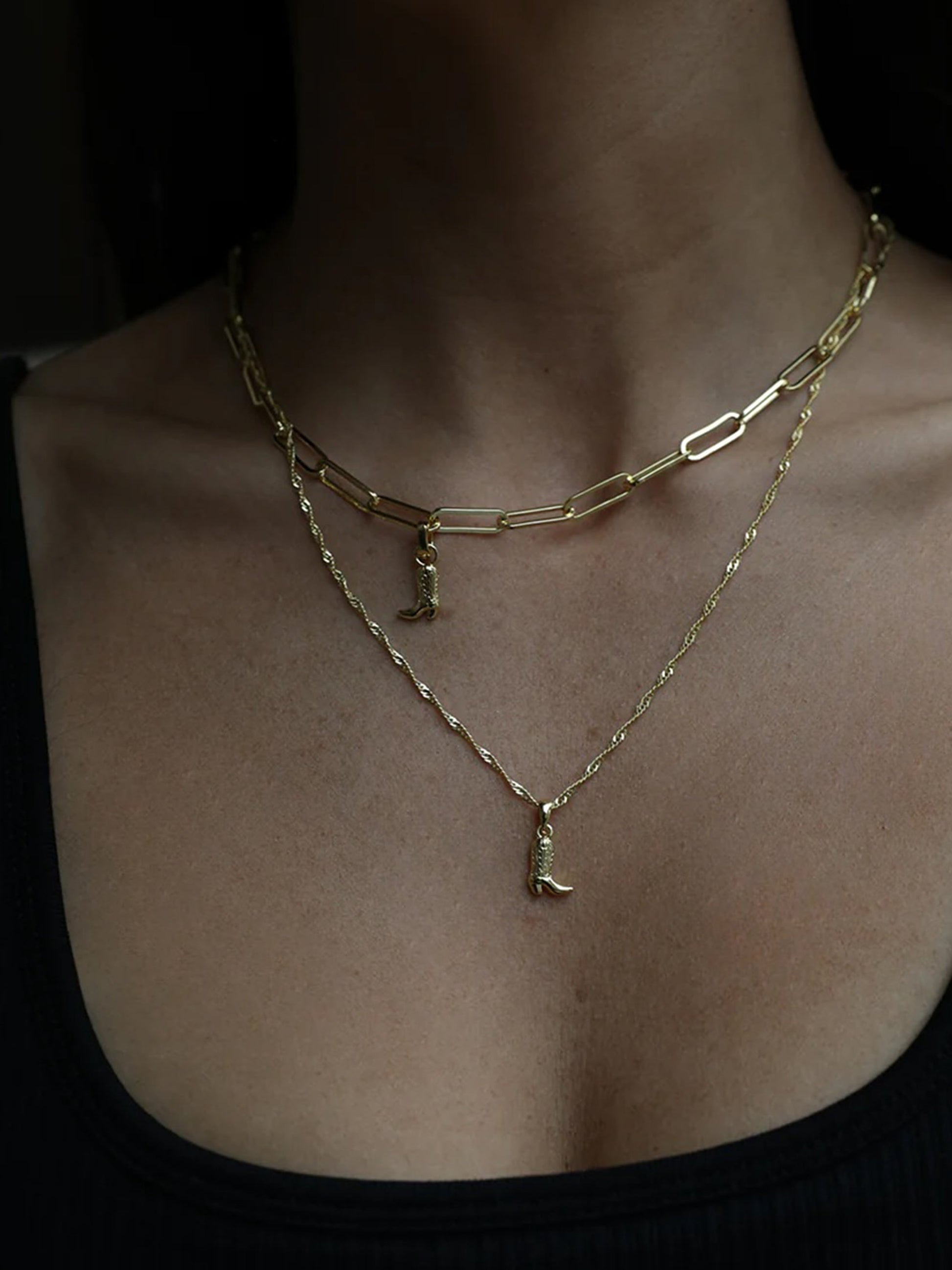 Cowboy Boot Pendant Necklace | Gold | Model Image 3 | Uncommon James