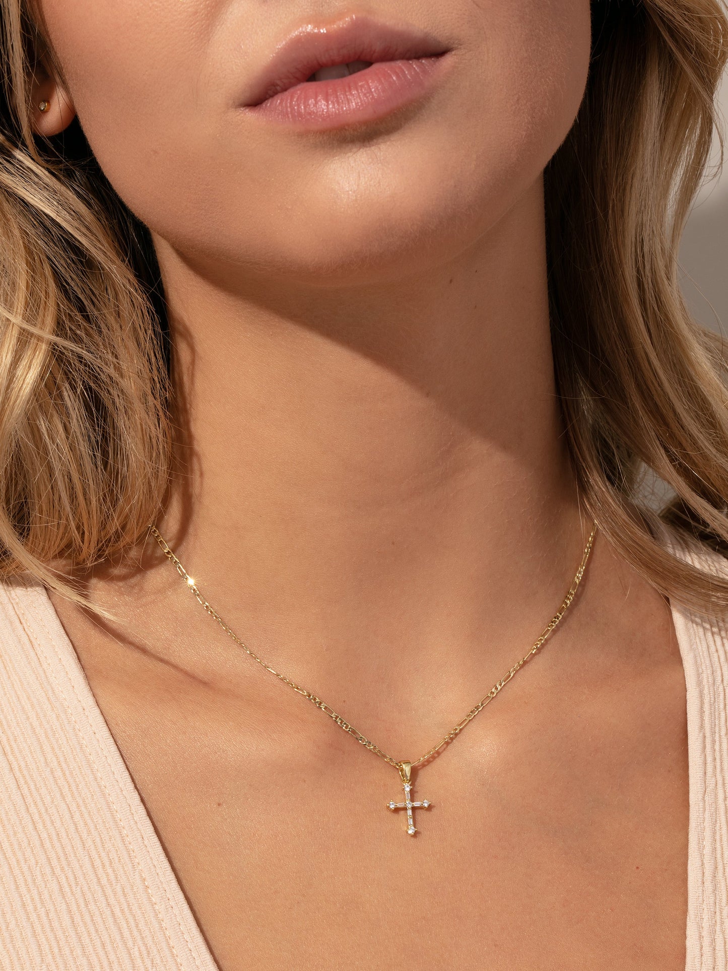 Cross and Chain Necklace | Gold | Model Image | Uncommon James