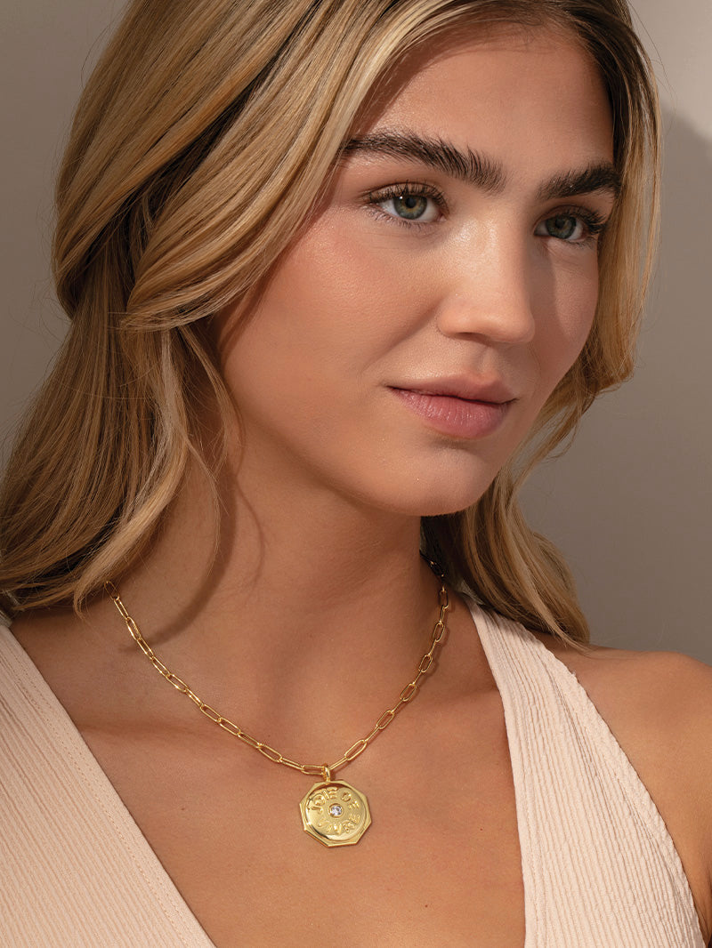 Joie De Vivre Pendant Necklace | Gold | Model Image | Uncommon James