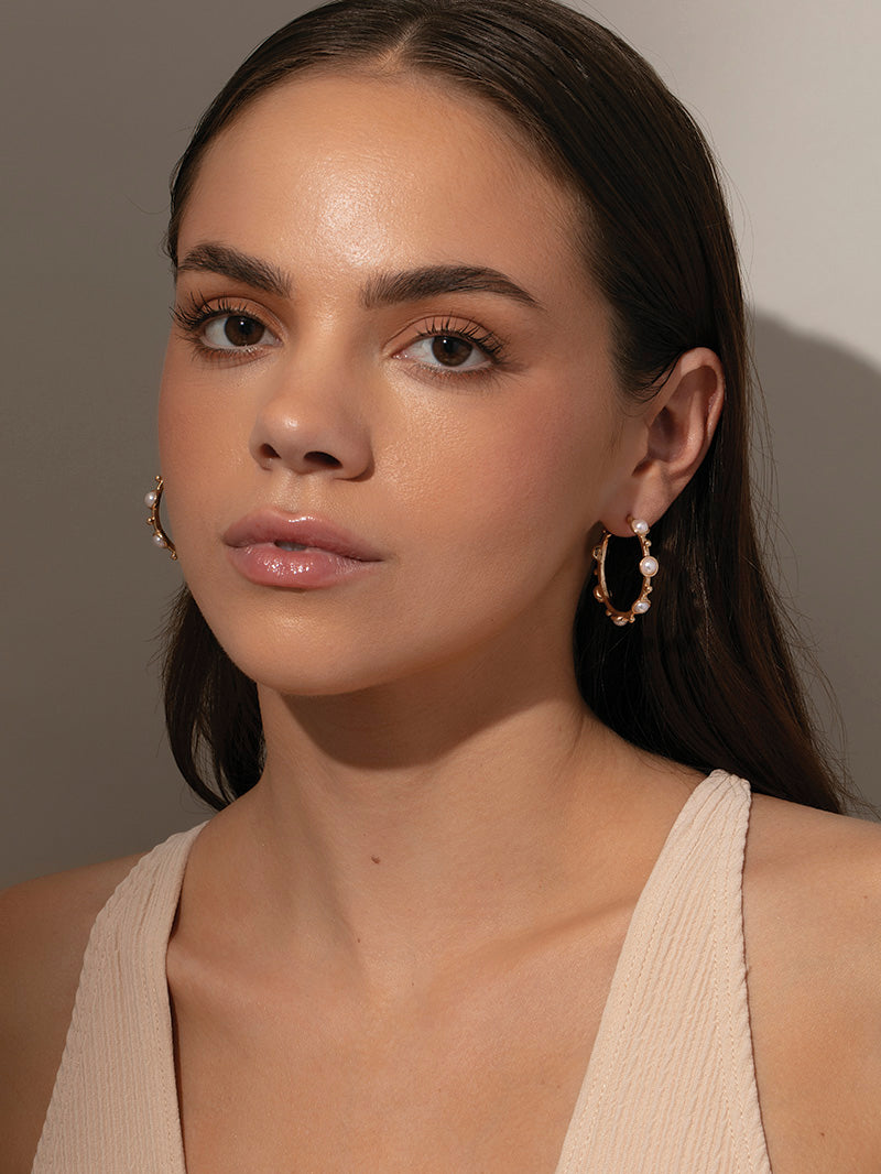 Chic Pearl Hoop Earrings | Gold | Model Image 3 | Uncommon James