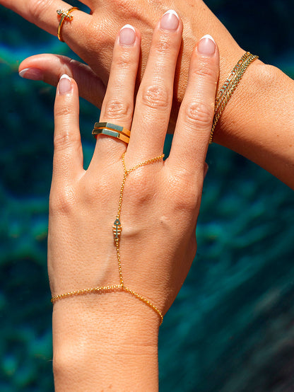 ["Fish Bone Hand Chain ", " Gold ", " Lifestyle Image ", " Uncommon James"]