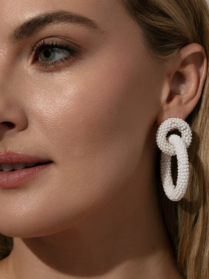 Interlocking Beaded Hoop Earrings | White | Model Image 2 | Uncommon James