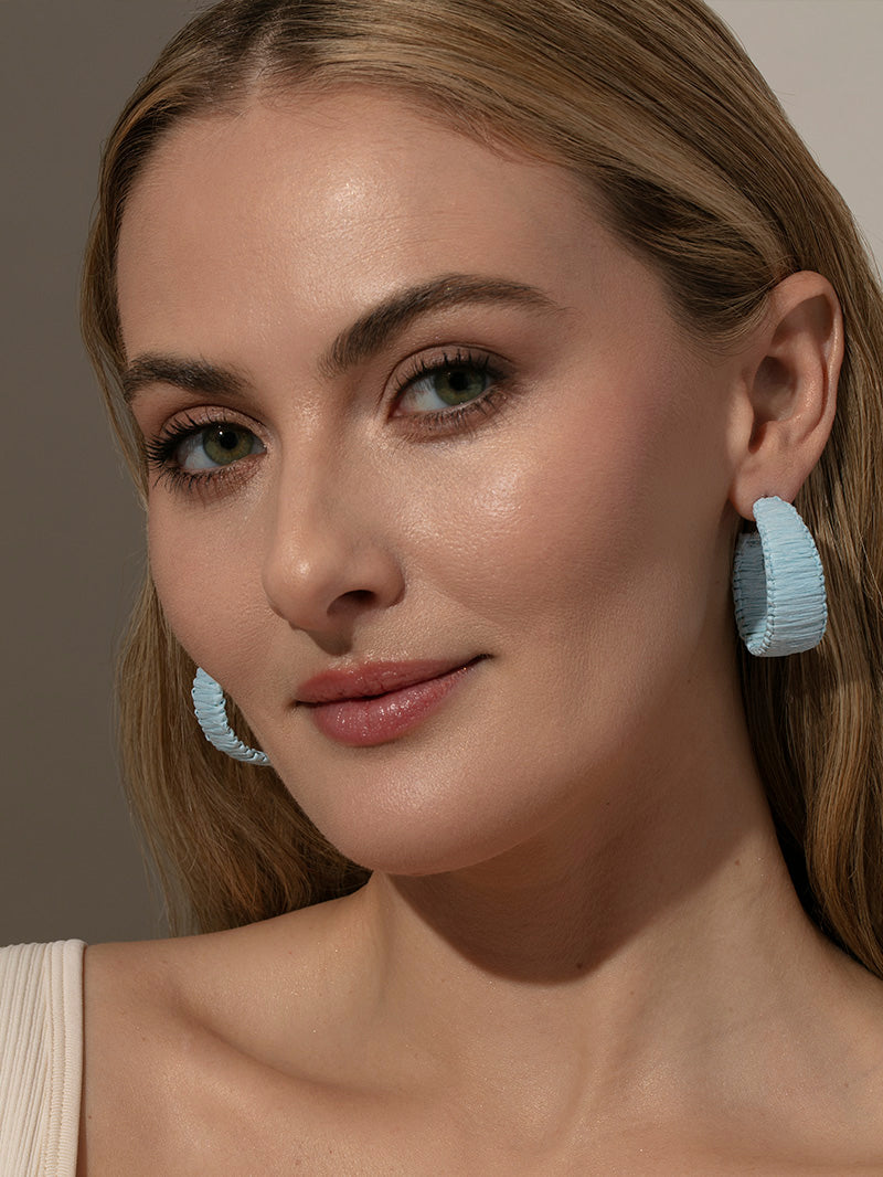 Raffia Woven Hoop Earrings | Blue | Model Image | Uncommon James
