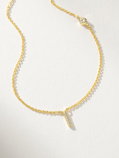 ["Pavé Initial Necklace ", " Gold I ", " Product Detail Image ", " Uncommon James"]