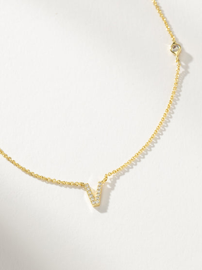 ["Pavé Initial Necklace ", " Gold V ", " Product Detail Image ", " Uncommon James"]