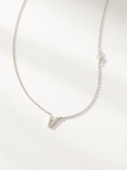 ["Pavé Initial Necklace ", " Sterling Silver V ", " Product Image ", " Uncommon James"]