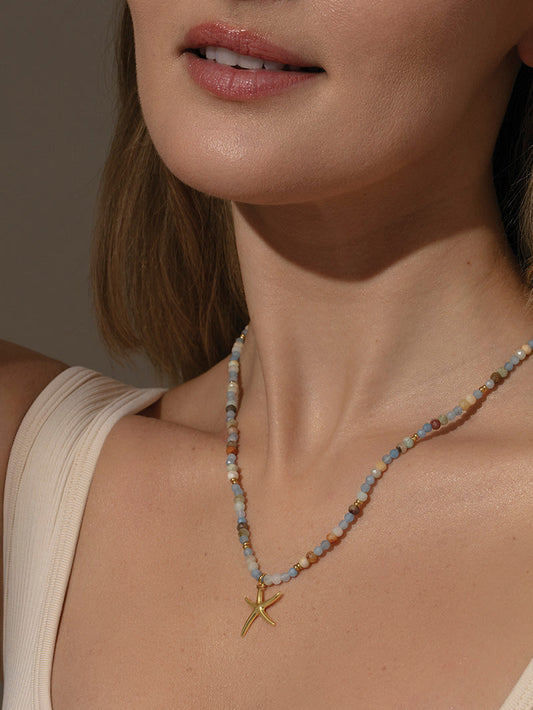 Starfish Beaded Necklace | Gold Blue | Product Image | Uncommon James