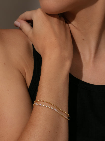 ["Happy Hour Layered Tennis Bracelet ", " Gold ", " Model Image ", " Uncommon James "]