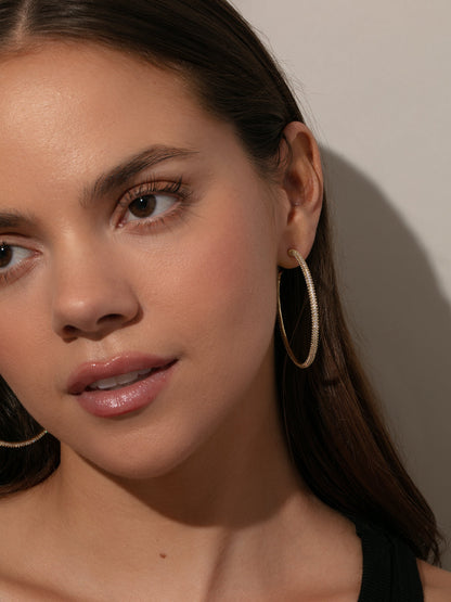 ["Attention Pavé Hoop Earrings ", " Gold ", " Model Image ", " Uncommon James"]