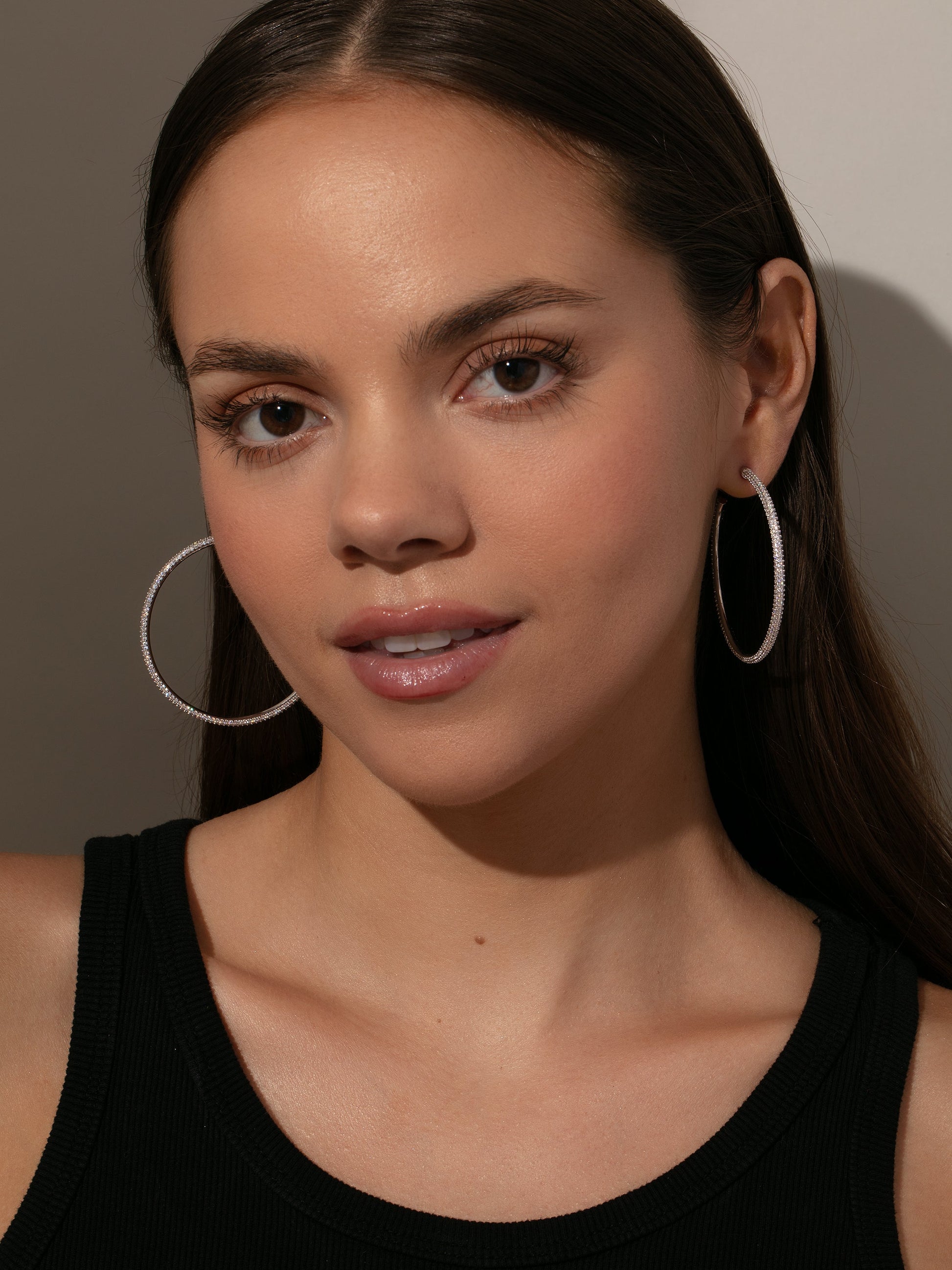 Attention Pavé Hoop Earrings | Silver | Model Image | Uncommon James