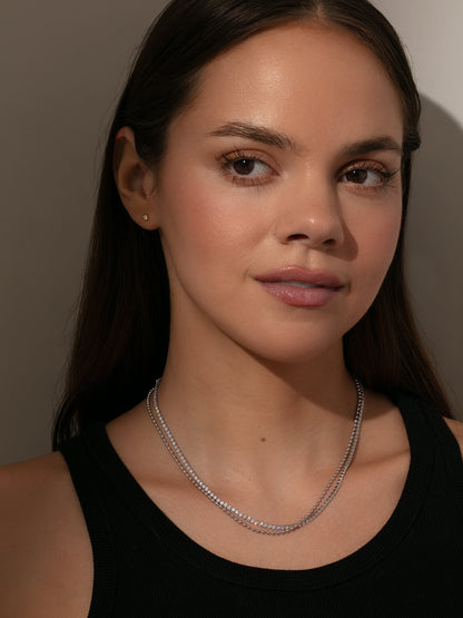 ["Happy Hour Layered Tennis Necklace ", " Silver ", " Model Image ", " Uncommon James"]