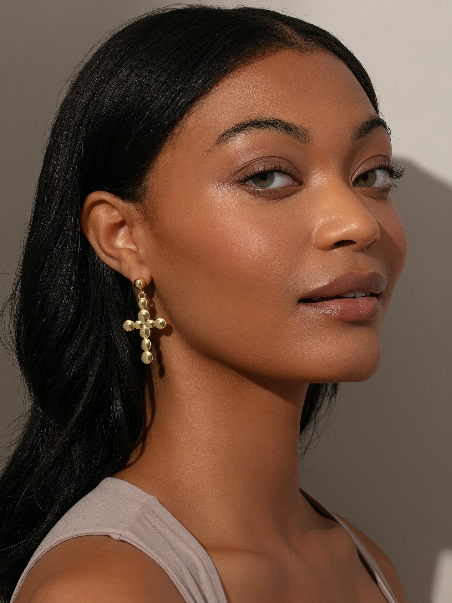 Bubble Cross Earrings | Gold | Model Image | Uncommon James