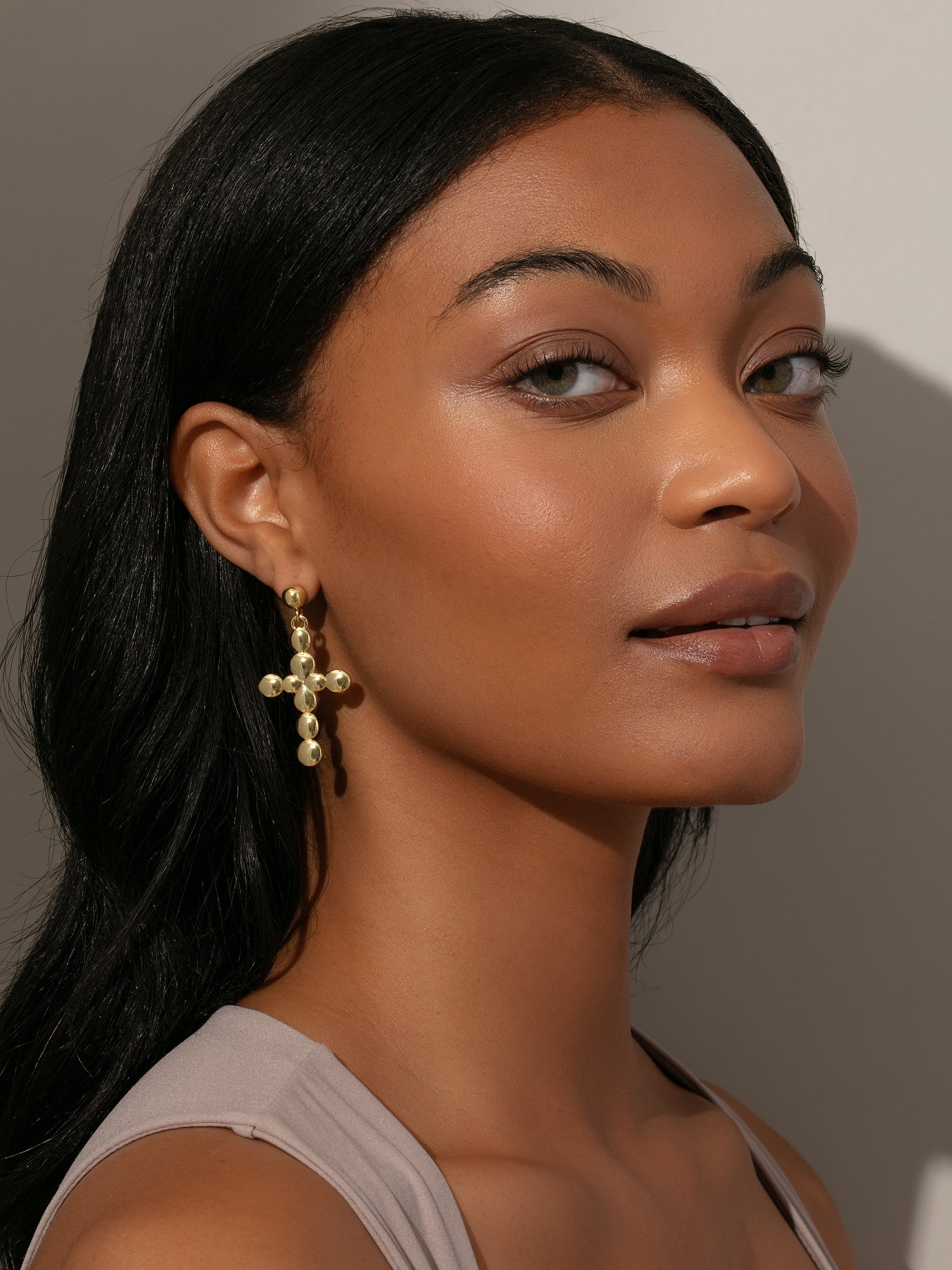 Bubble Cross Earrings | Gold | Model Image | Uncommon James
