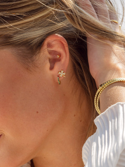 ["Green With Envy Huggie Earrings ", " Gold ", " Lifestlye Image ", " Uncommon James"]