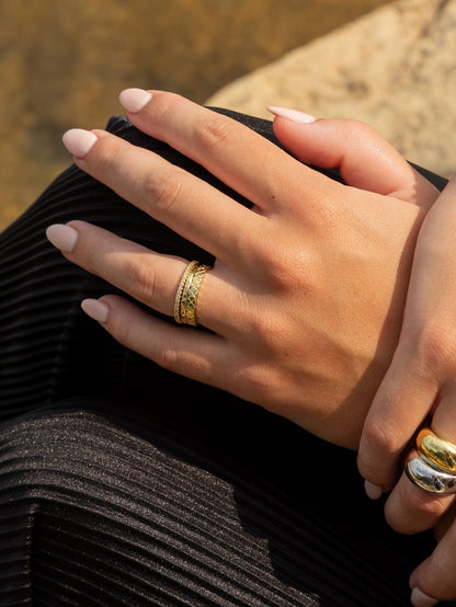 ["Glamour Girl Ring Stack (Set of 3) ", " Gold ", " Model Detail Image ", " Uncommon James"]