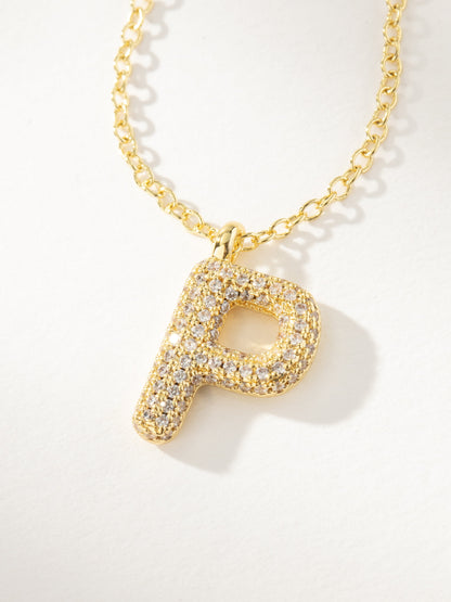 ["Bubble Letter Necklace 2.0 ", " Gold P ", " Product Image ", " Uncommon James"]