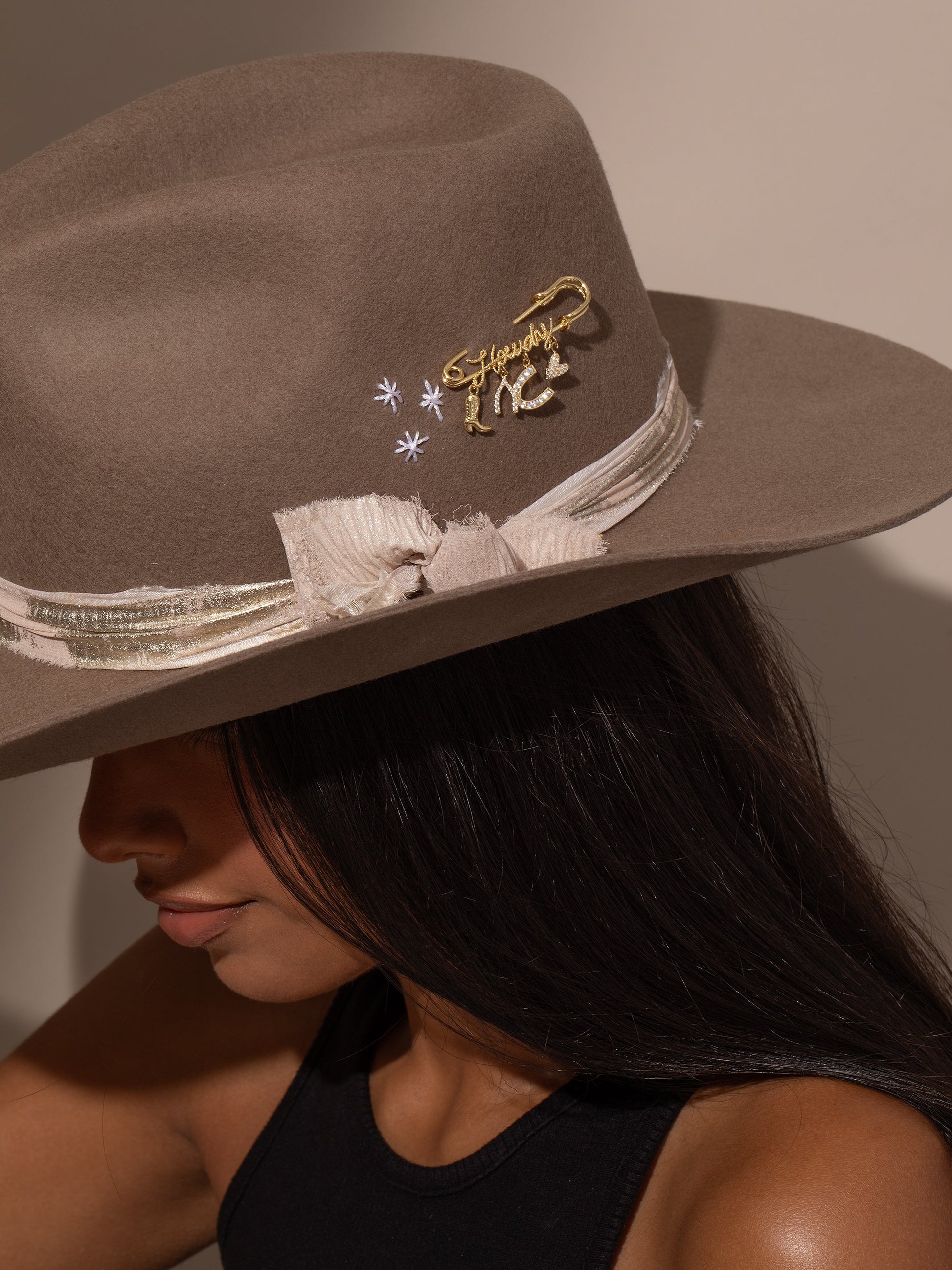 UJ x Rustler Howdy Pin | Gold | Model Image | Uncommon James