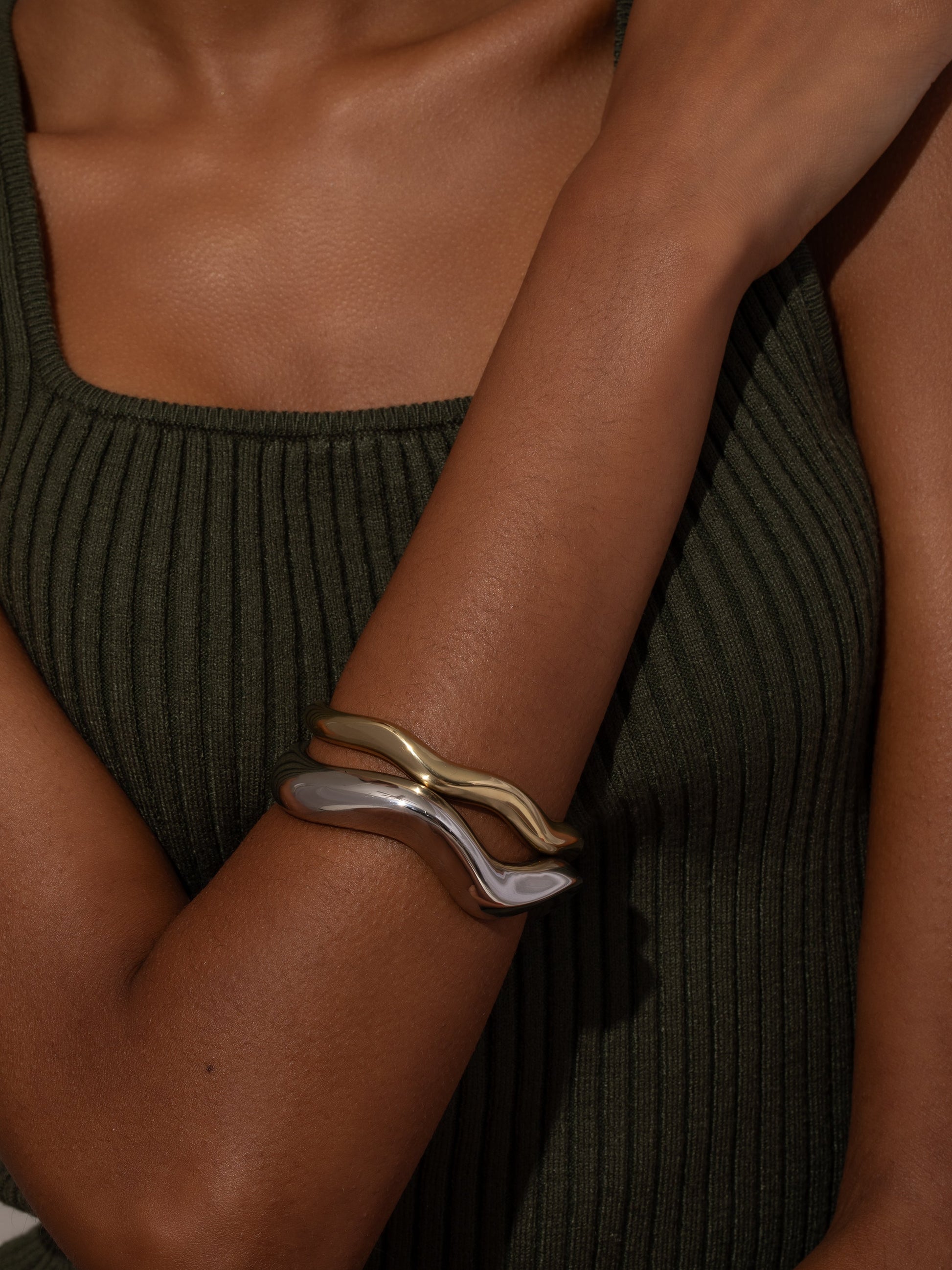 Mixed Metal Wavy Cuff Bracelet (Set of 2) | Mixed Metal | Model Image | Uncommon James