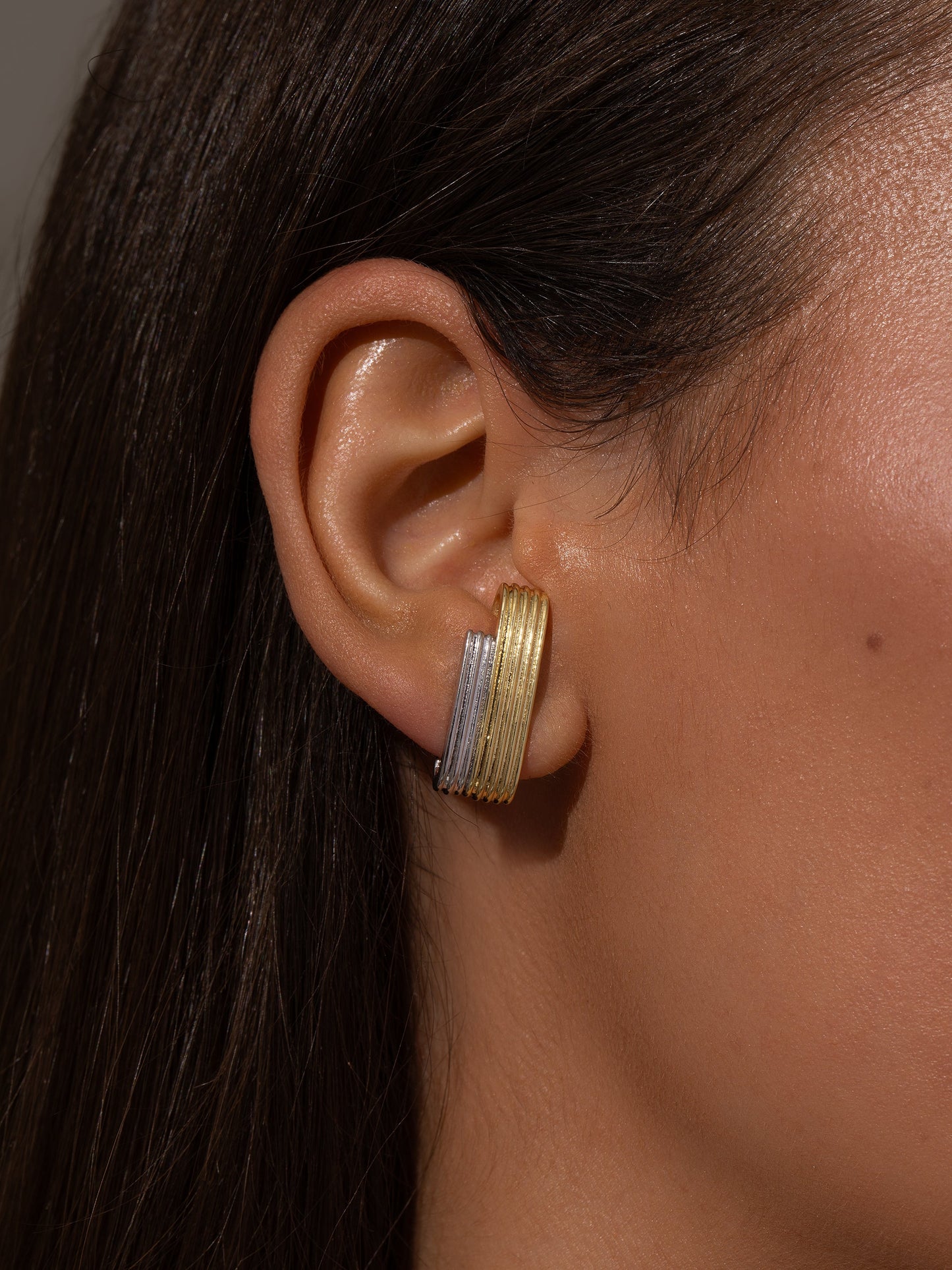 Mixed Metal Ribbed Ear Climber | Mixed Metal | Model Image | Uncommon James