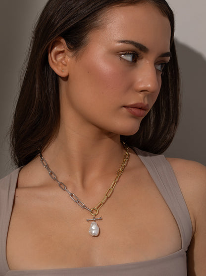 ["Mixed Metal Pearl and Chain Necklace ", " Mixed Metal ", " Model Image ", " Uncommon James"]