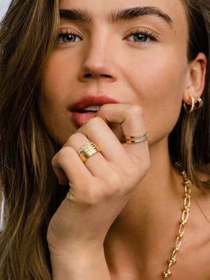 ["Whim Pavé Stacked Ring ", " Gold ", " Model Image ", " Uncommon James"]