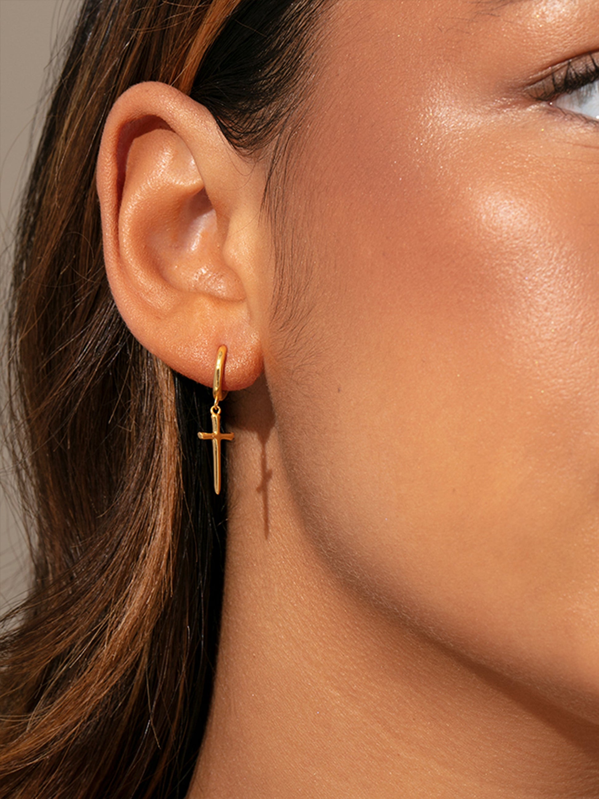 Cross Vermeil Huggies | Gold Vermeil | Model Image 3 | Uncommon James