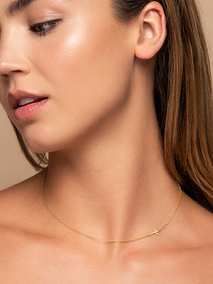 ["Side Cross Vermeil Necklace ", " Gold Vermeil ", " Model Image ", " Uncommon James"]