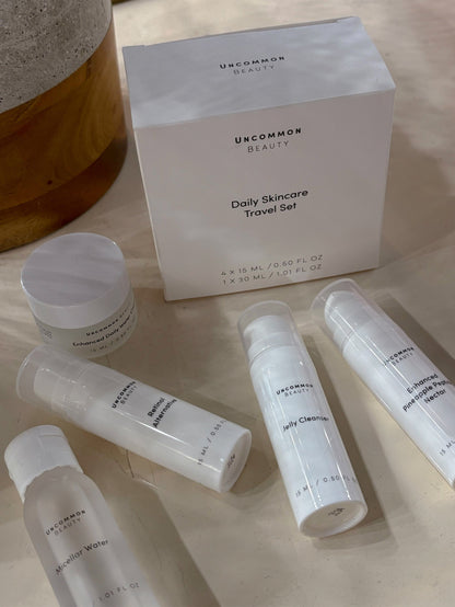 ["Daily Skincare Travel Set ", " Lifestyle Image ", " Uncommon Beauty"]