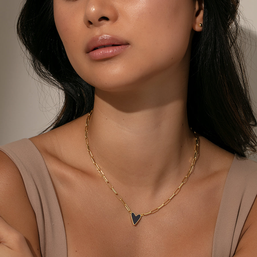 Navy Enamel Heart Necklace | GOLD